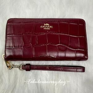 Coach Long Zip Around Wallet In Embossed crocodile/Gold/Dark Wine CT083 NWT